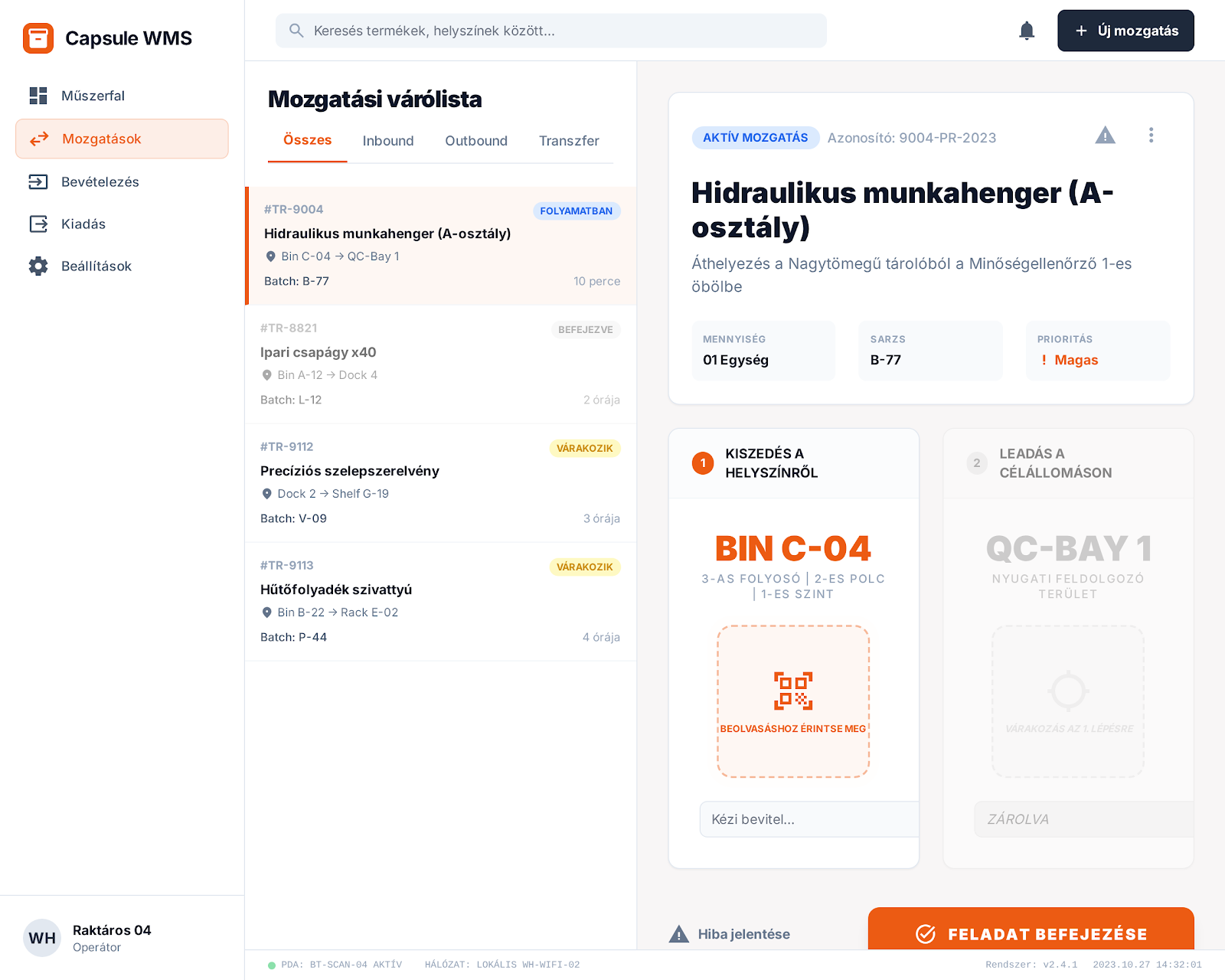 Capsule WMS mozgások és végrehajtás nézet