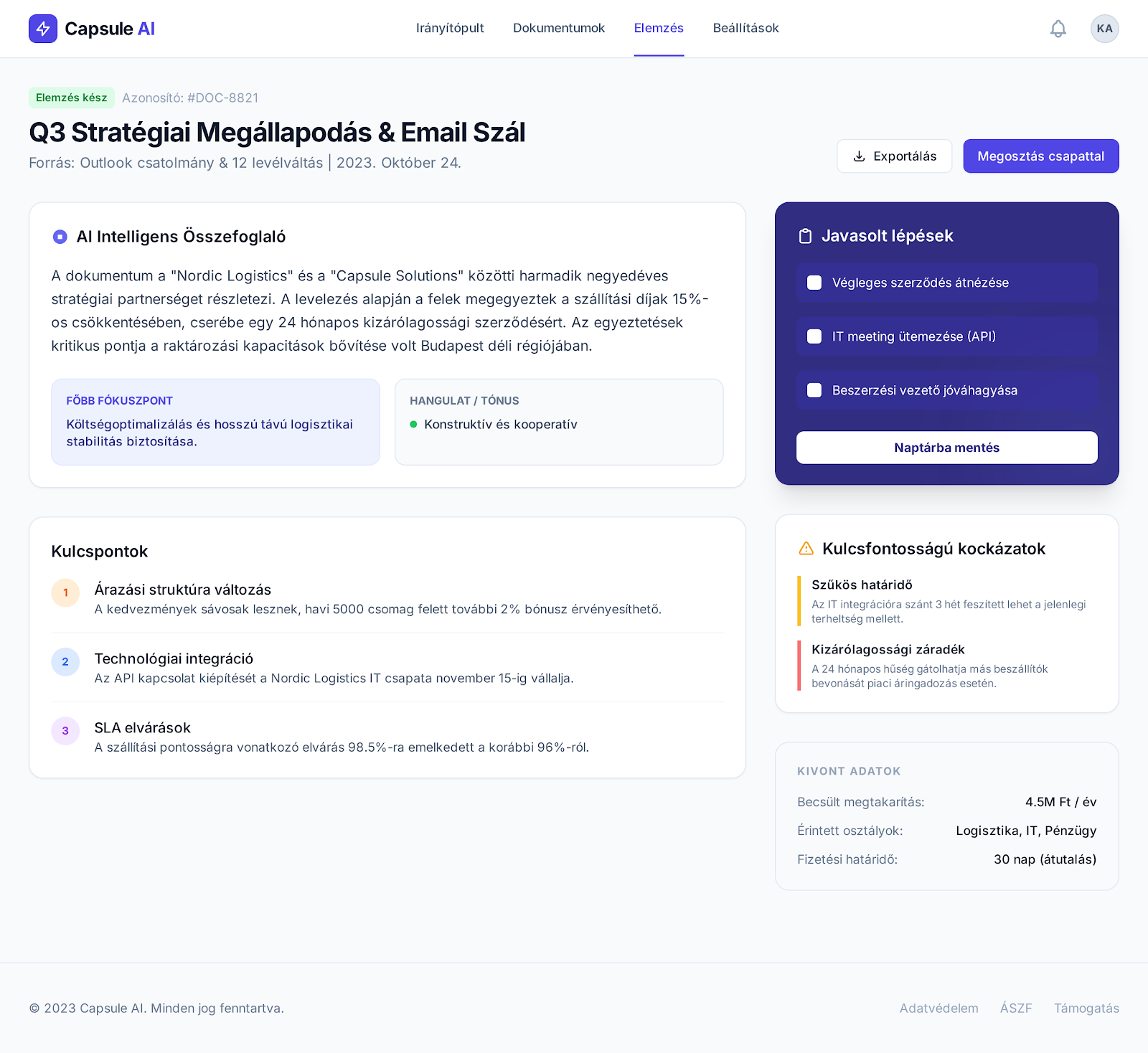 Capsule AI elemzés és összegzés nézet