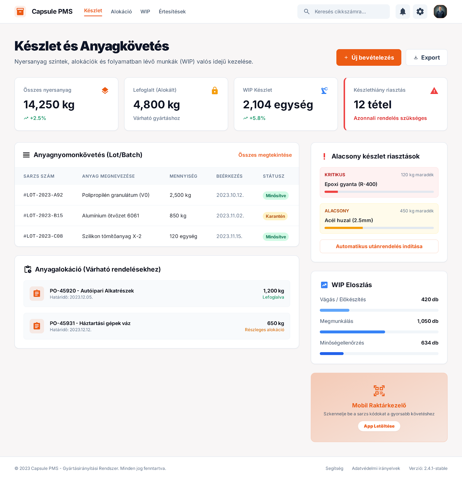 Capsule PMS készlet és anyagkövetés nézet