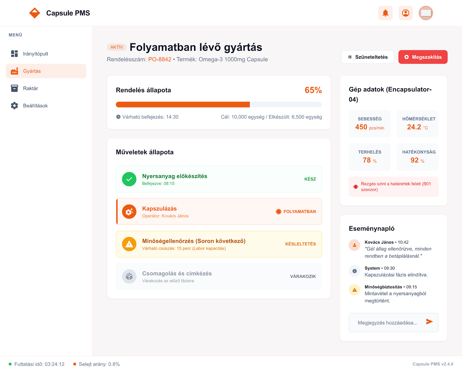Üzemi státusz és terepi események áttekintése